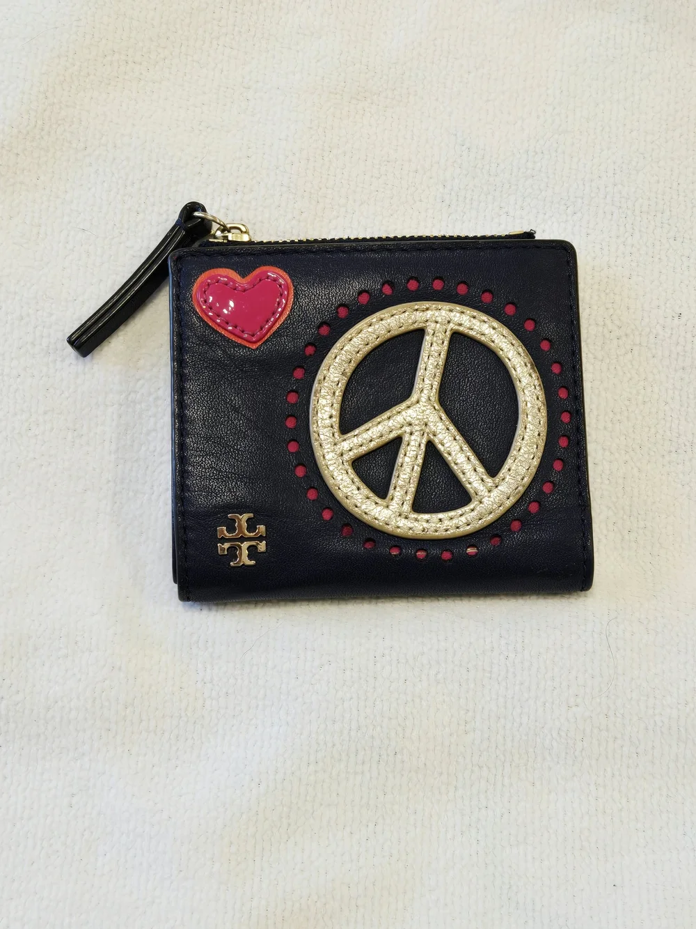 Tory Burch Navy Blue Peace and Love Mini Leather Zip Wallet EUC